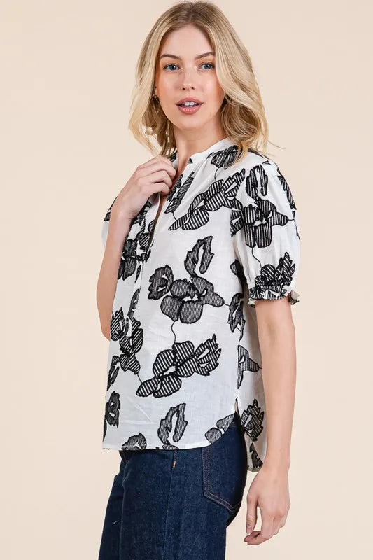 Lime 'N' Chili Embroidered Split Neck Puff Sleeve Blouse