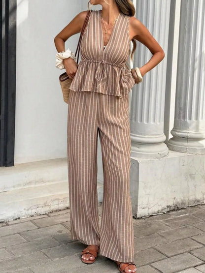 Striped Sleeveless Top and Wide Leg Pants Set