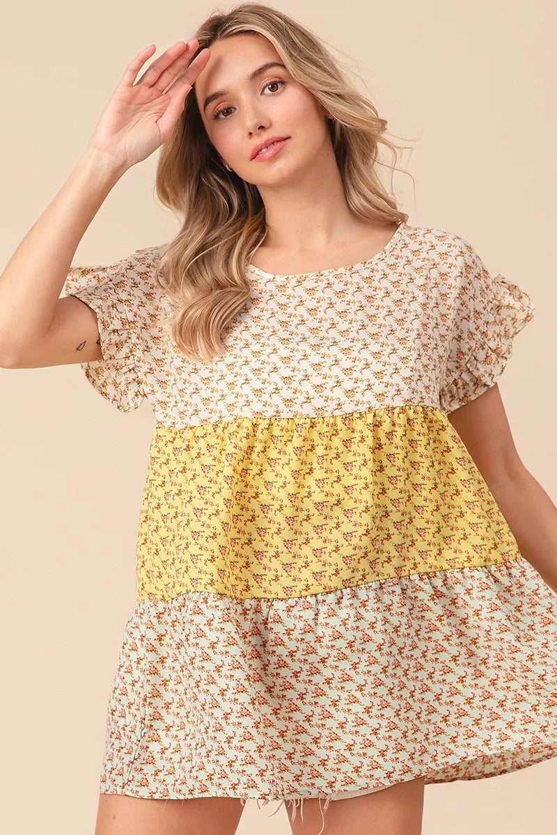 BiBi Flroal Printed Woven Color Block and Tiered Top