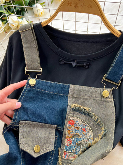 Short Sleeve T-Shirt and Denim Overall Dress Set