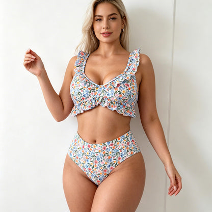 Women's Ditsy Floral Ruffle Bikini Set, V-Neck Ruffle Top & High Waist Bottom, 2 Piece Cute Swimsuit