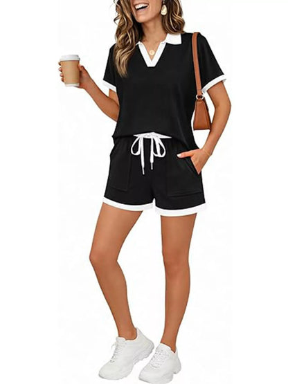 Polo Collar Short Sleeve Top and Shorts Set