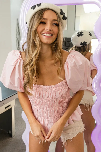 BiBi Puff Sleeve Square Neck Smocked Peplum Top