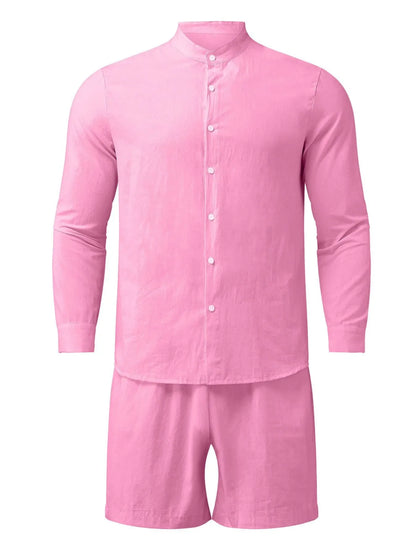 Men's Full Size Button Up Long Sleeve Shirt and Shorts Set Plus Size
