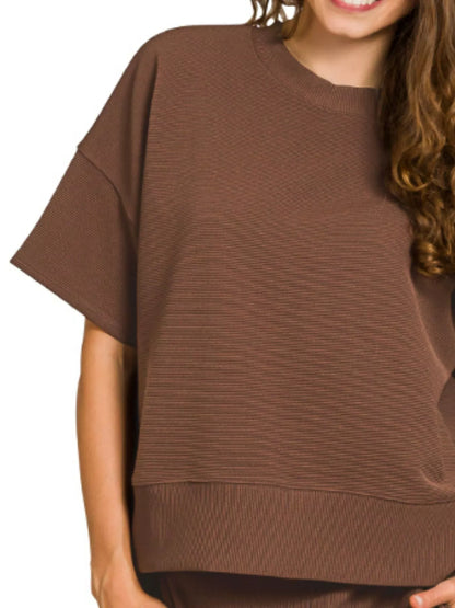 Zenana Ribbed Round Neck Tee & Pants Set