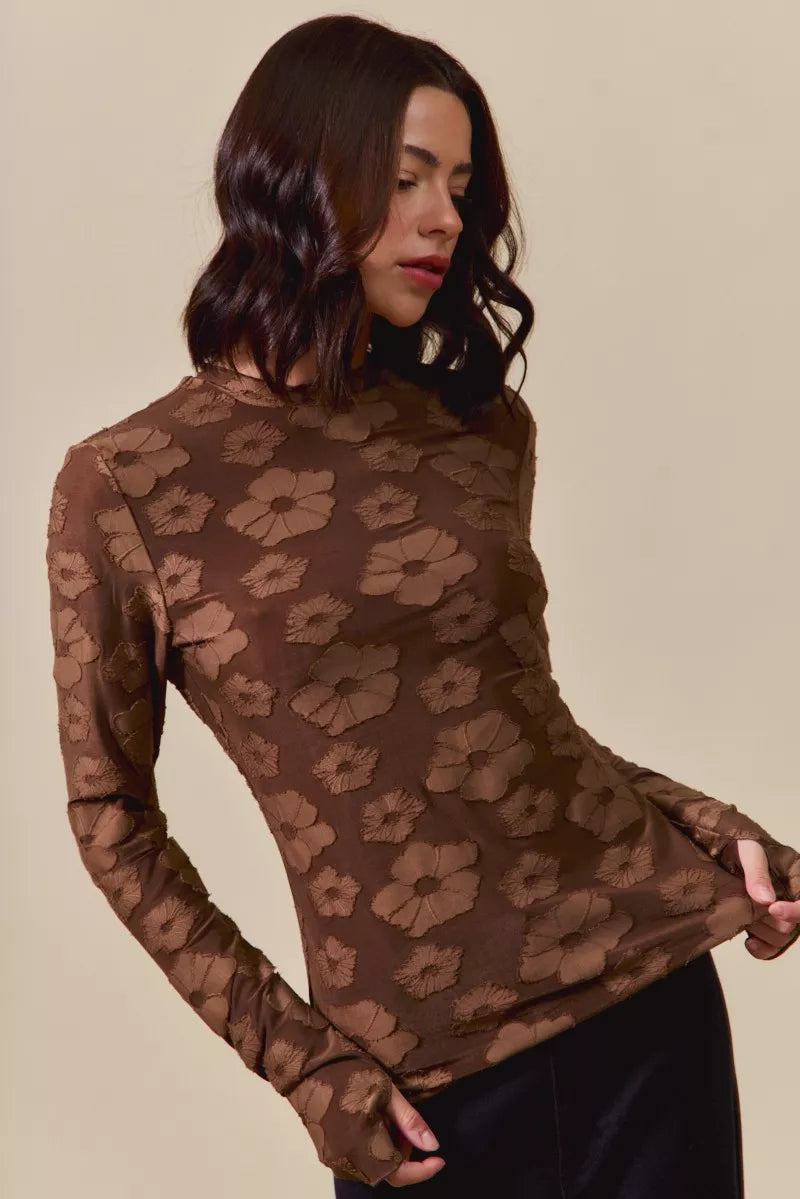 SO ME Stretched Jacquard Casual Tops with Thumb Opening
