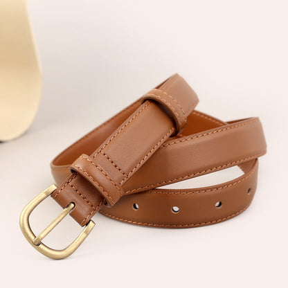 Skinny Leather Belt with Golden Buckle