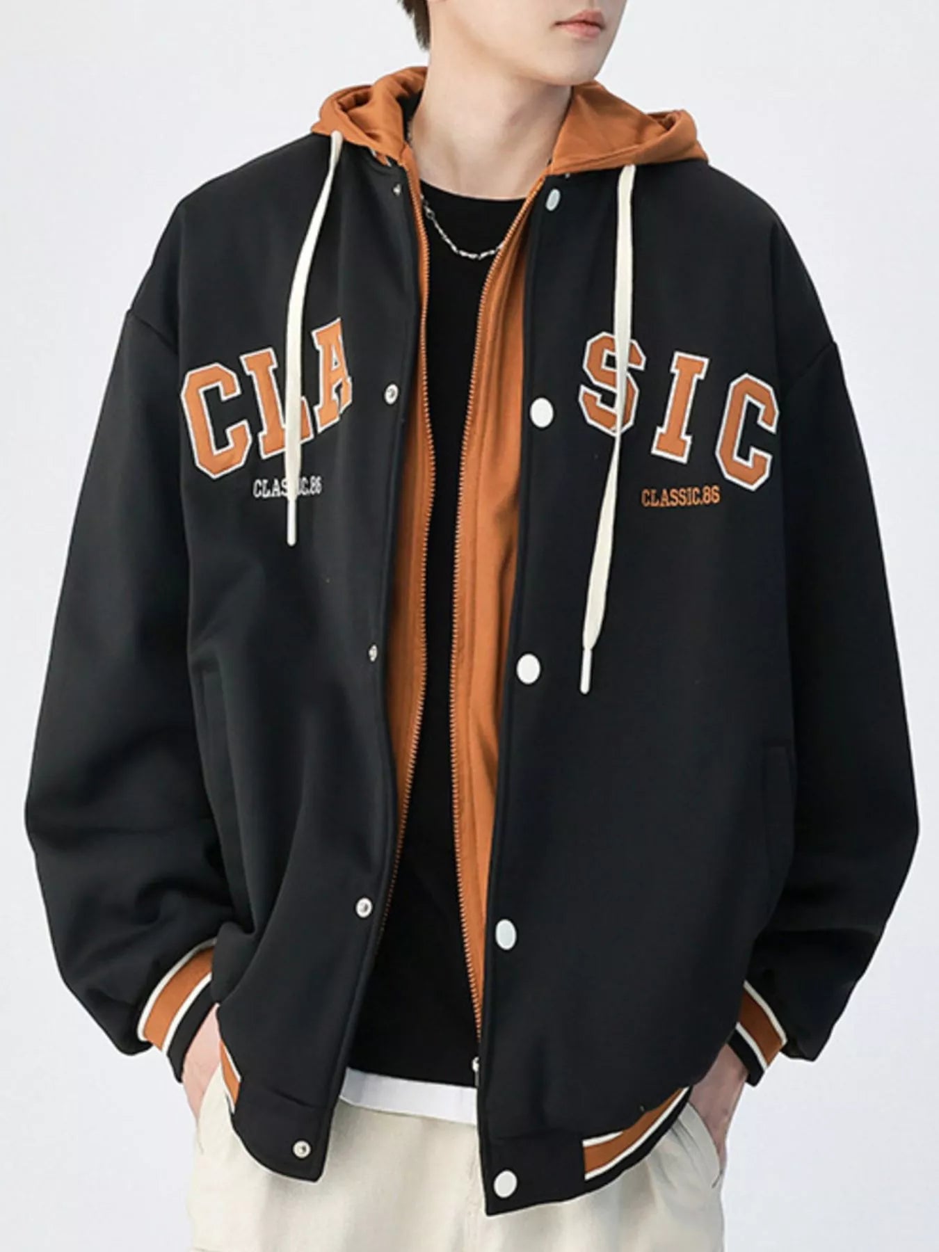 Men's Plus Size Snap Down Long Sleeve Drawstring Hooded Jacket