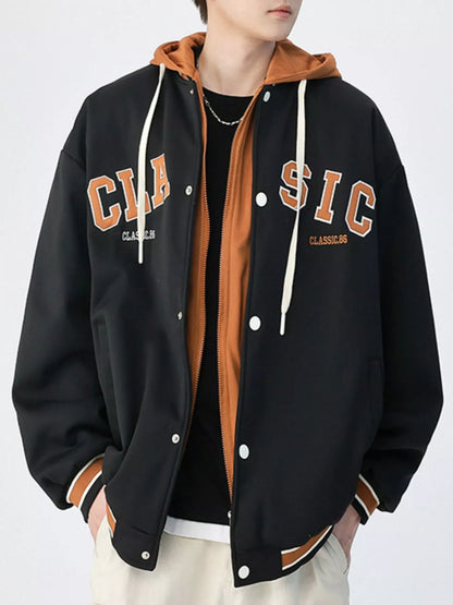 Men's Plus Size Snap Down Long Sleeve Drawstring Hooded Jacket