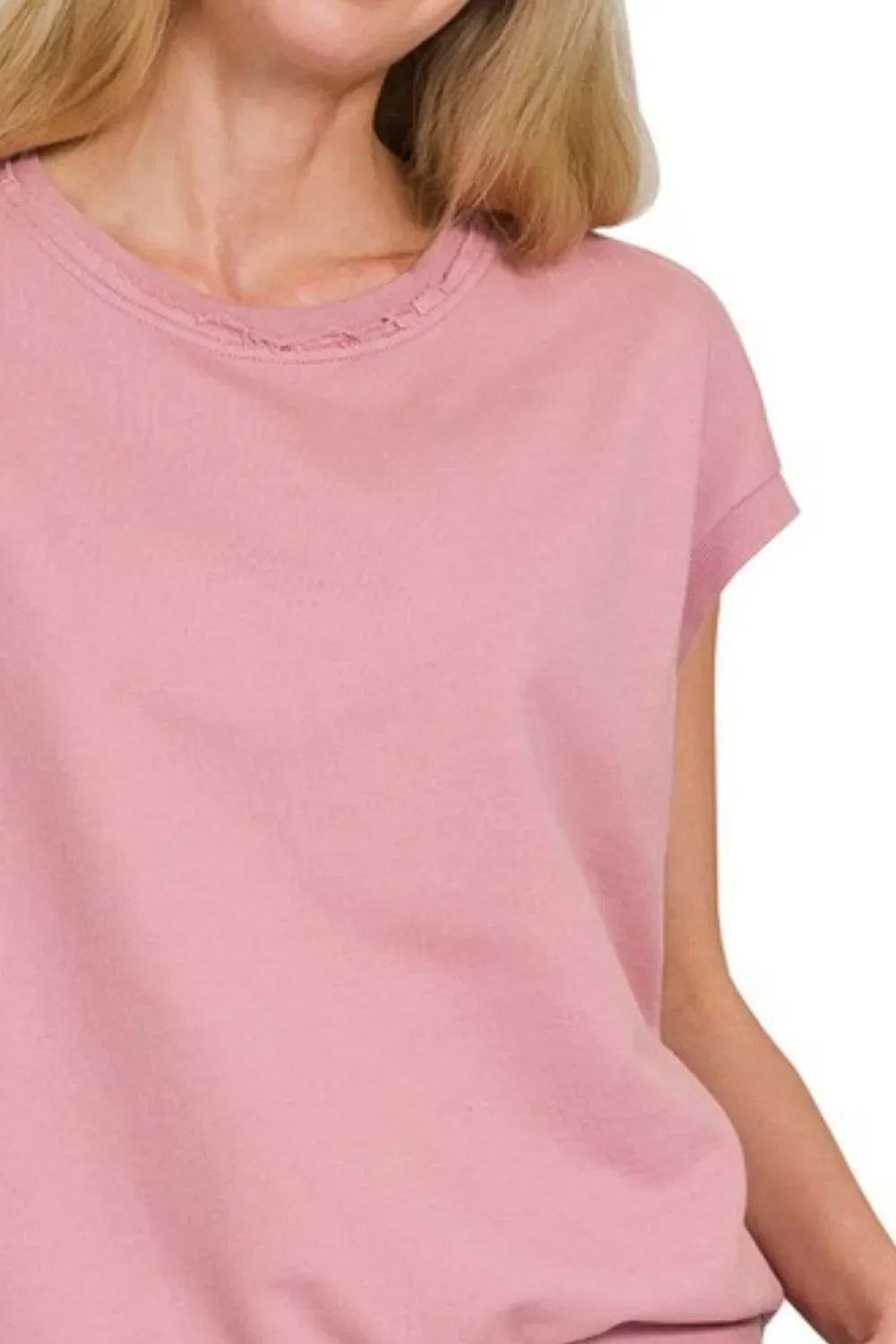 Zenana French Terry Round Neck Cap Sleeve T-Shirt
