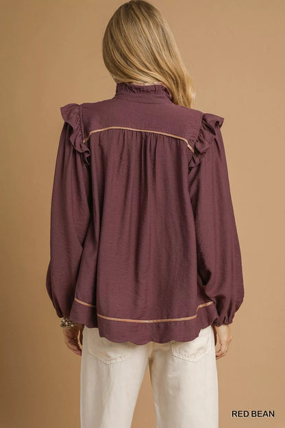 Umgee Ruffle Shoulder Long Sleeve Blouse