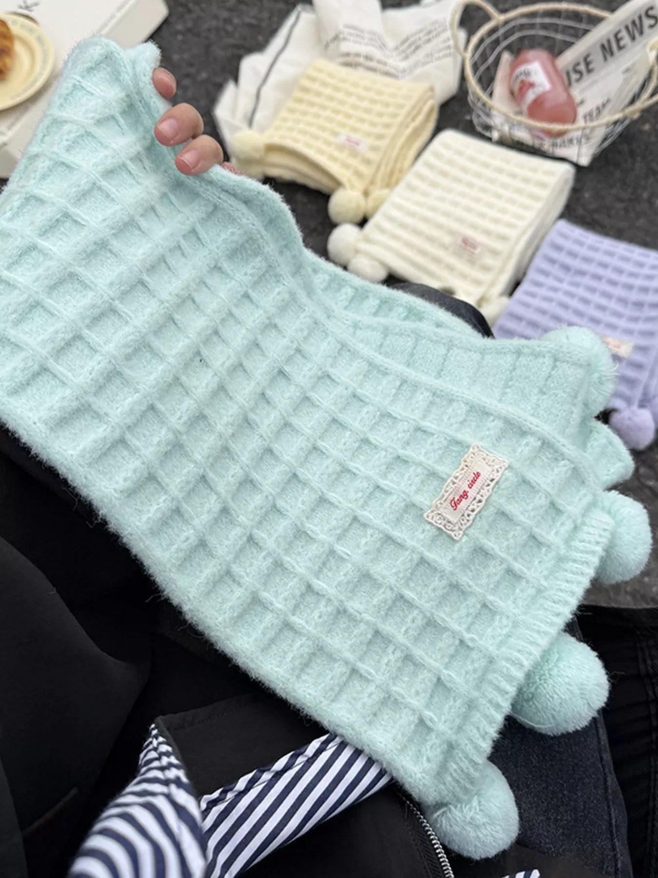 Waffle Knit Pom-Pom Scarf