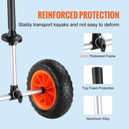 VEVOR Heavy Duty Kayak Cart, 280lbs Load Capacity, Detachable Canoe Trolley Cart With 10'' Solid Tires, Adjustable Width & Top Foam Protection, For Kayaks With Drain Holes Of 2.54cm And Above