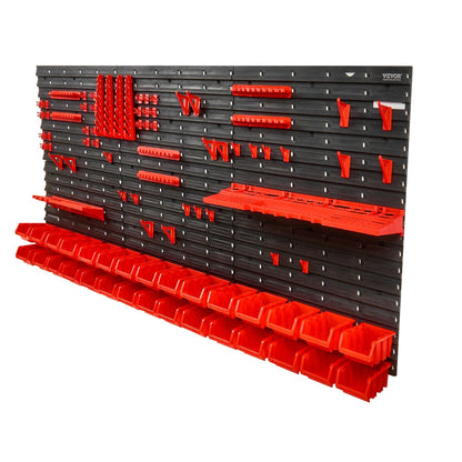 VEVOR Wall Mounted Storage Bins, 30-Bin Parts Rack Organizer Garage Plastic Shop Tool With Wall Panels Tool Holders Hooks, Tool Organizer For Nuts, Bolts, Screws, Nails, Beads, Buttons, Black And Red