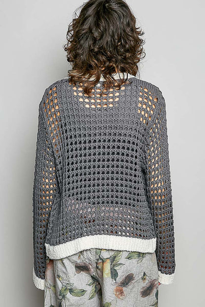 POL Openwork Contrast Cardigan with Floral Metal Button