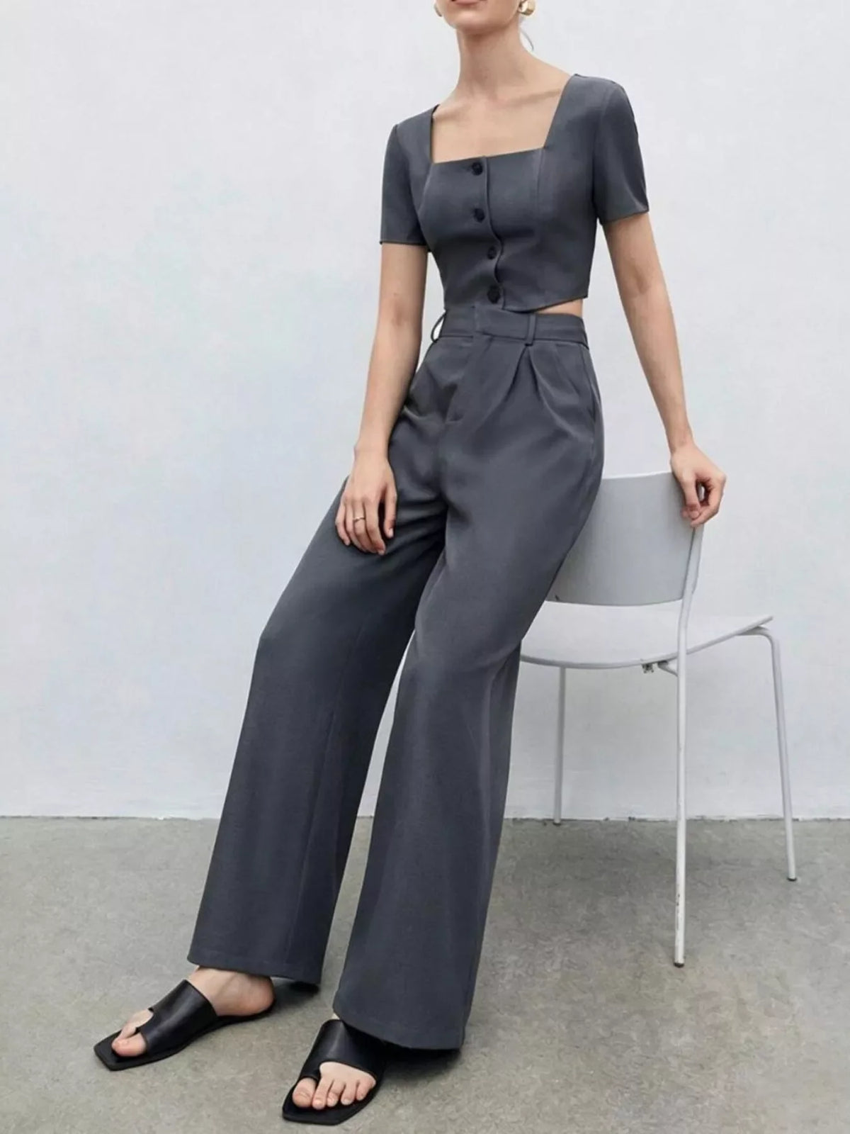 Square Neck Crop Top & Wide Leg Pants Set
