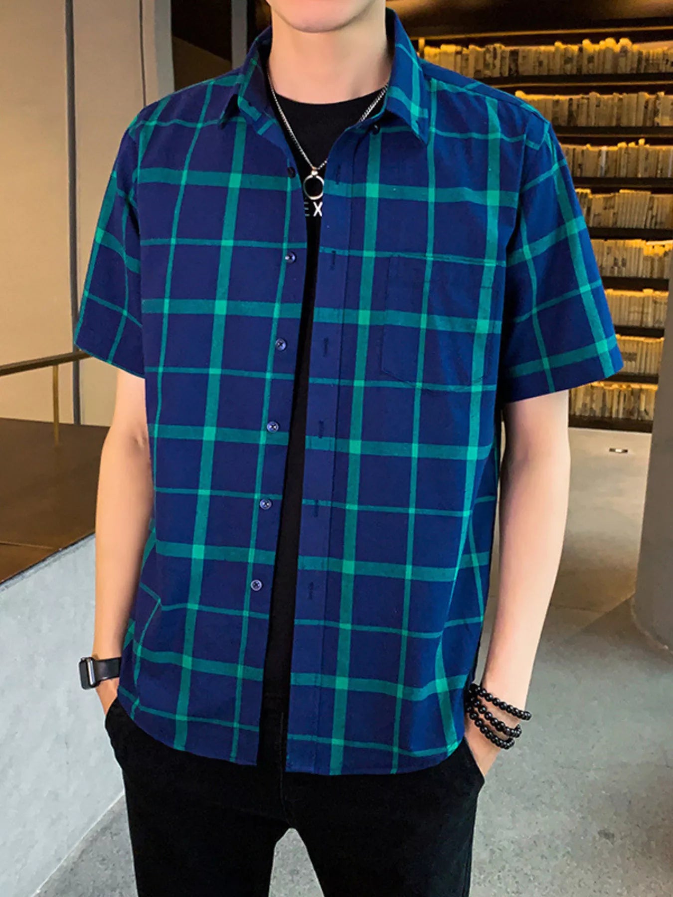 Men's Plus Size Casual Plaid Short Sleeve Shirt