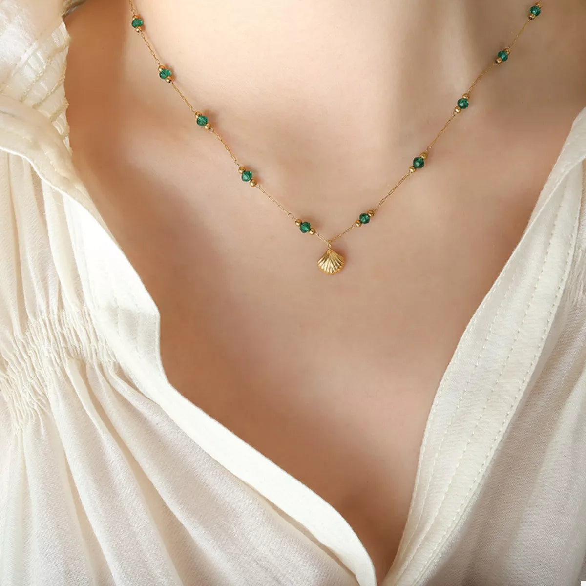 18K Gold-Plated Titanium Steel Crystal Bead Pendant Necklace