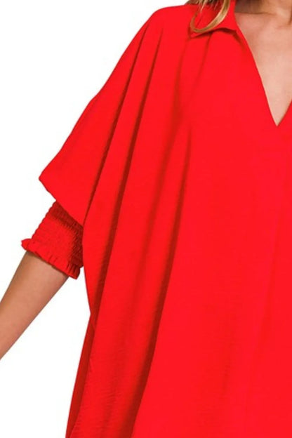 Zenana Airflow Collar Tee with Smocked Sleeve Band Top