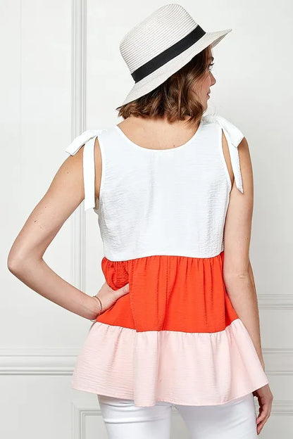 Lime 'N' Chili Color Block Sleeveless Tie Shoulder Babydoll Top