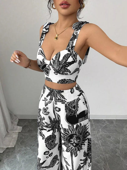 Floral Print Crop Top and Wide Leg Pants Set