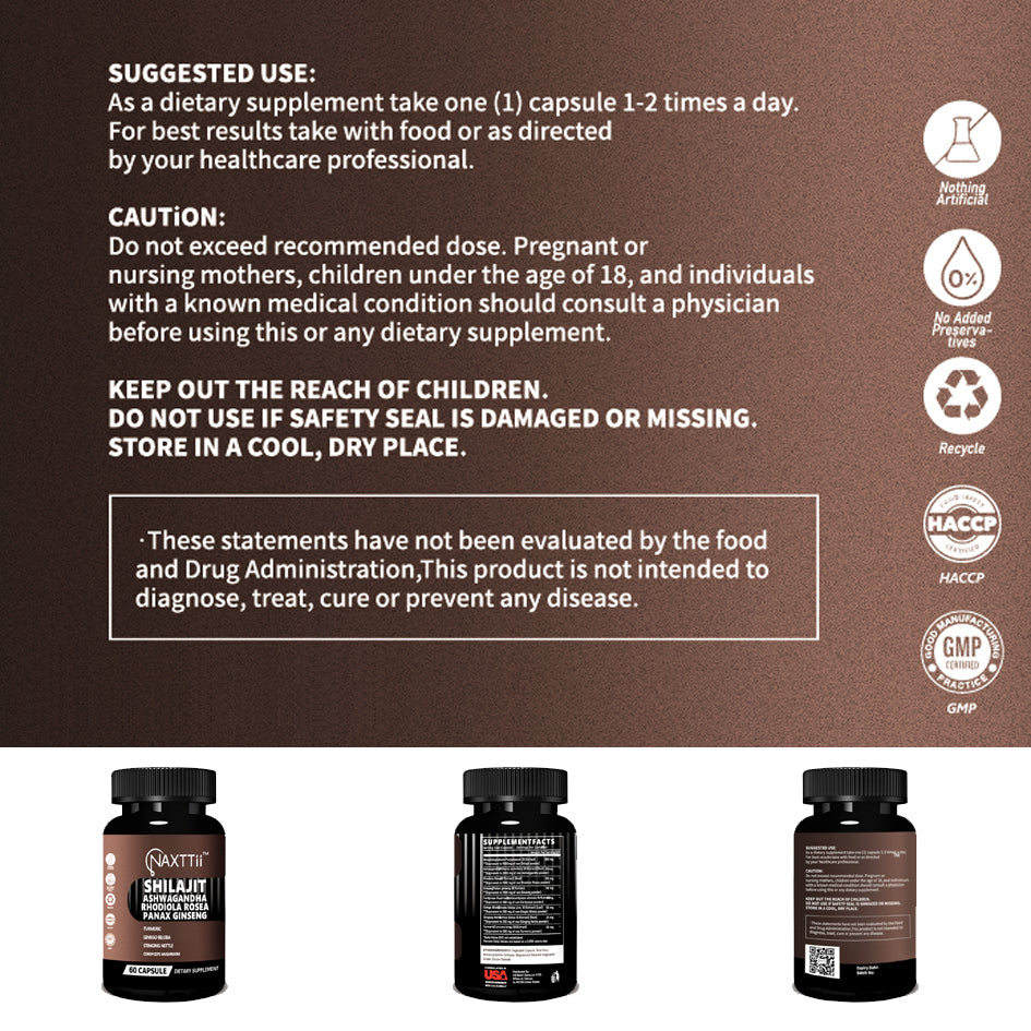Shilajit Energy Support Capsules 60 Count Bottle Boost Immunity Natural Detox Support