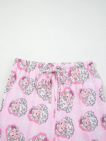 Santa Claus Print V Neck Tee Drawstring Pants 2pcs Lounge Set
