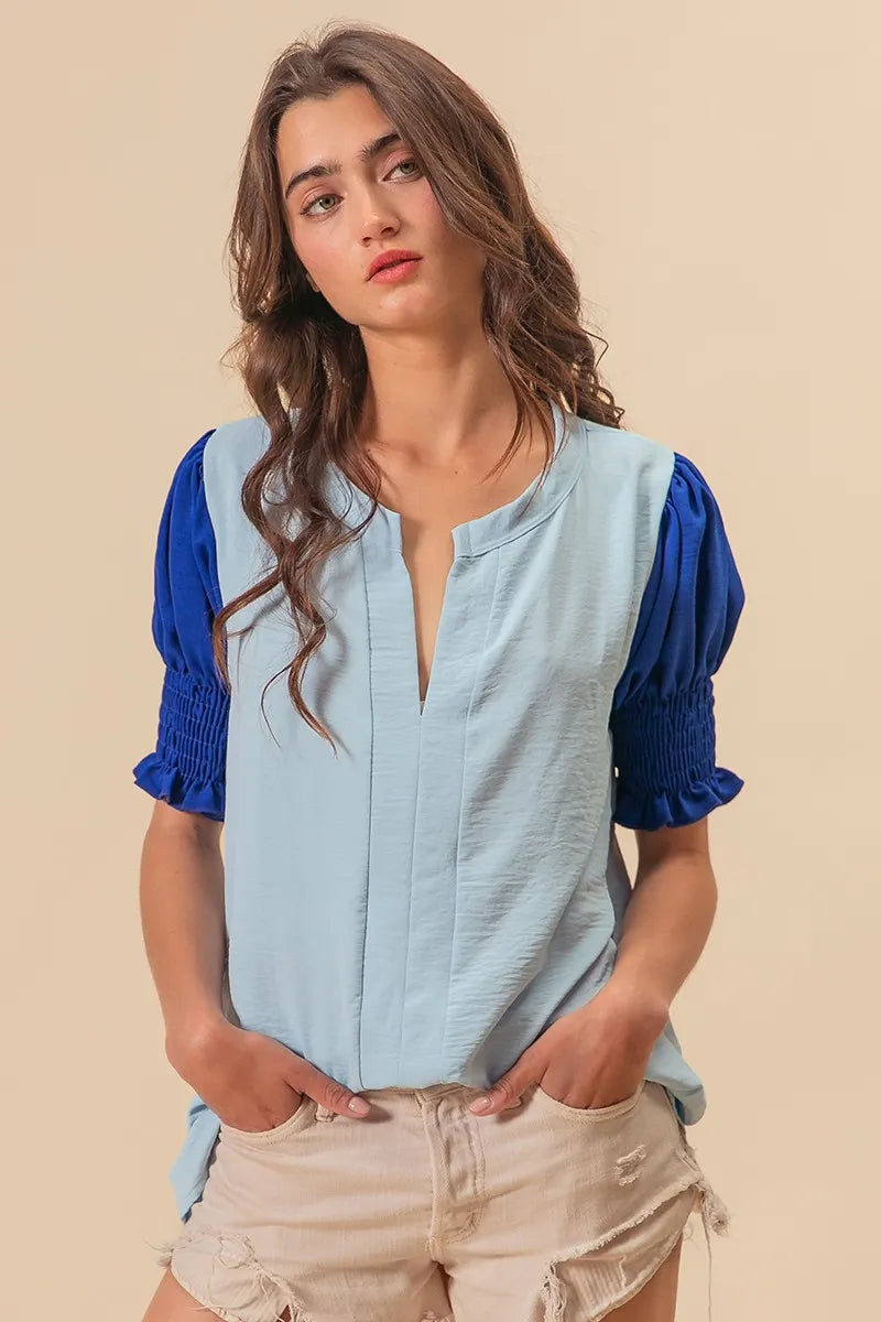 BiBi Air Flow Color Block Puff Sleeves V Neck Top
