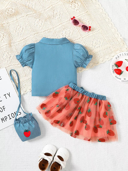Children's Strawberry Short Sleeve Top and Skirt Set with Bag