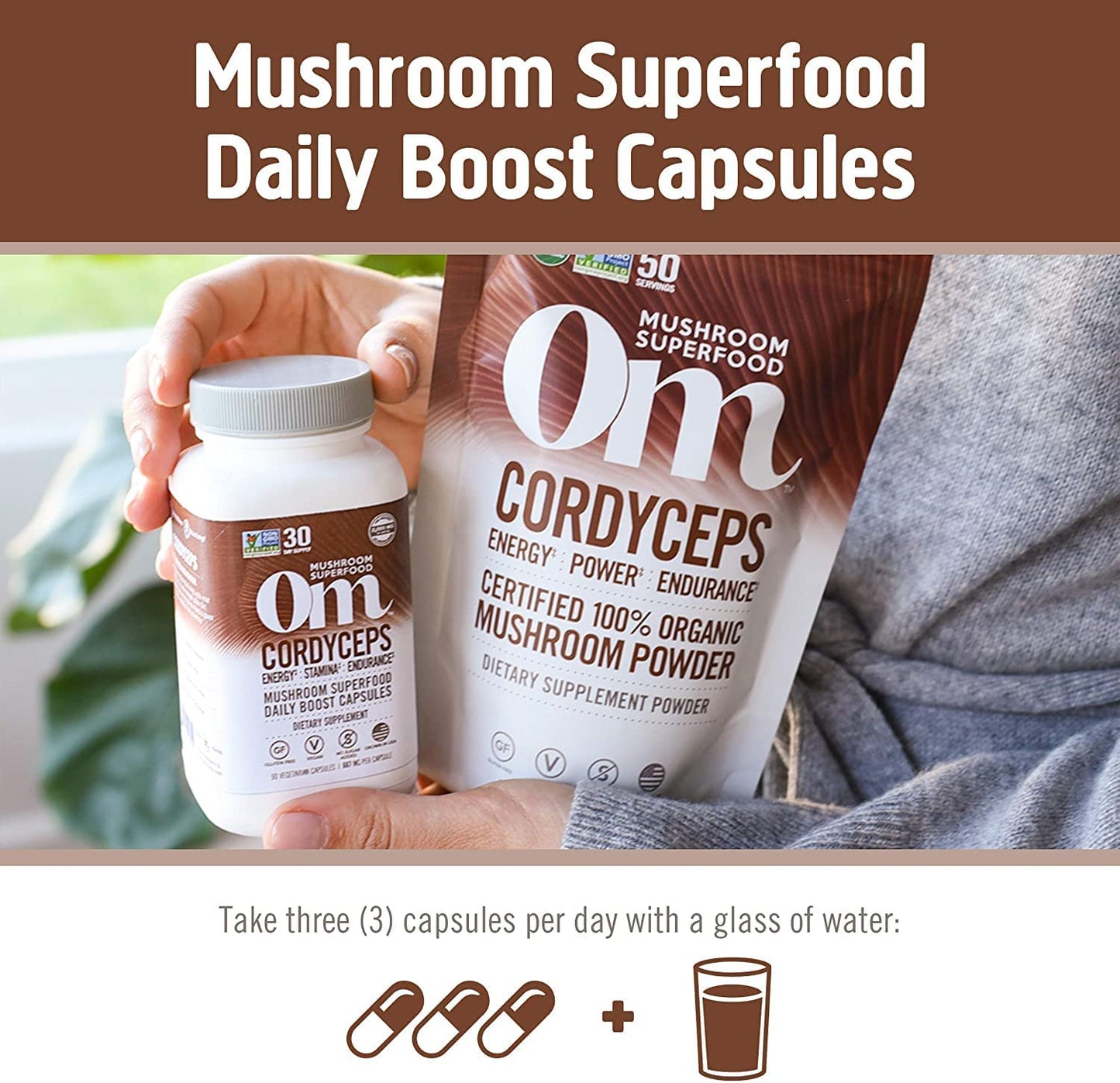 Om Mushroom Superfood Cordyceps Mushroom Capsules, Energy and Endurance Support Supplement, 90 Count