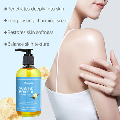 OceAura Caramel Vanilla Body Oil Hydrates Hydrating Skin Care Soothing Nourishing Skin Massage Oil
