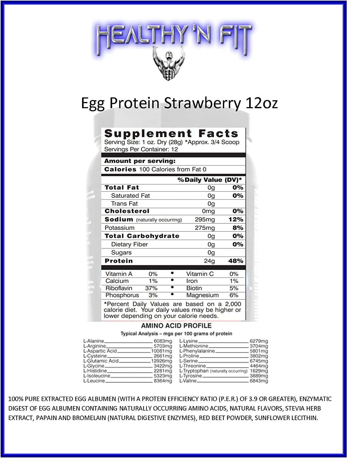 Healthy 'n Fit, 100% Egg Protein, Strawberry Passion, 12 Oz.
