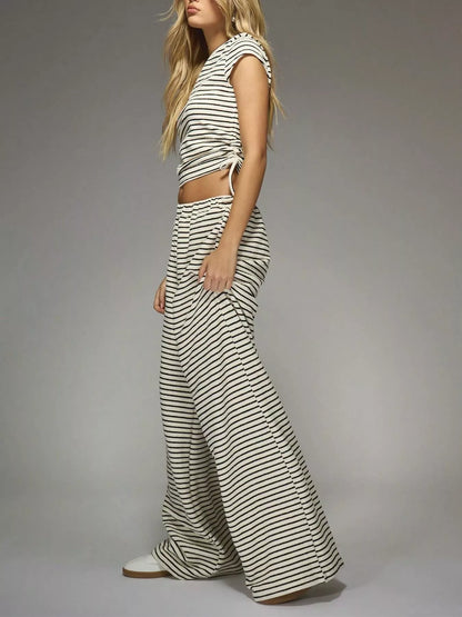 Striped Crop Top and Wide Leg Pants Set