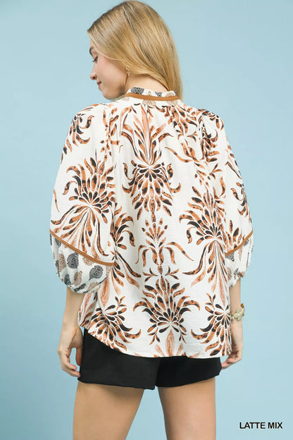 Umgee Mix Floral Print Balloon Sleeve Blouse