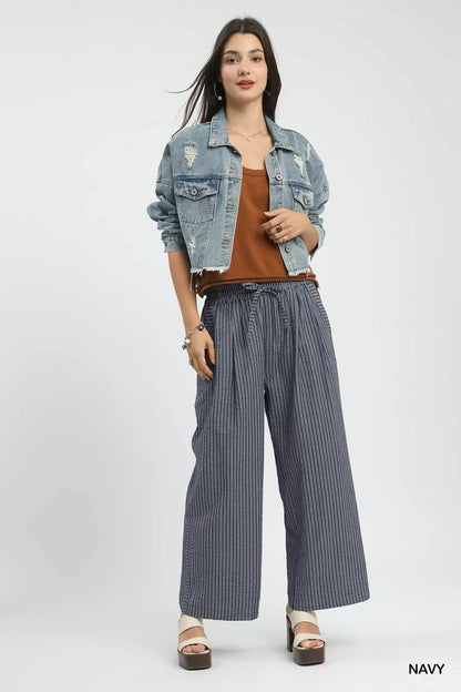 Umgee Drawstring Striped Wide-Leg Pants