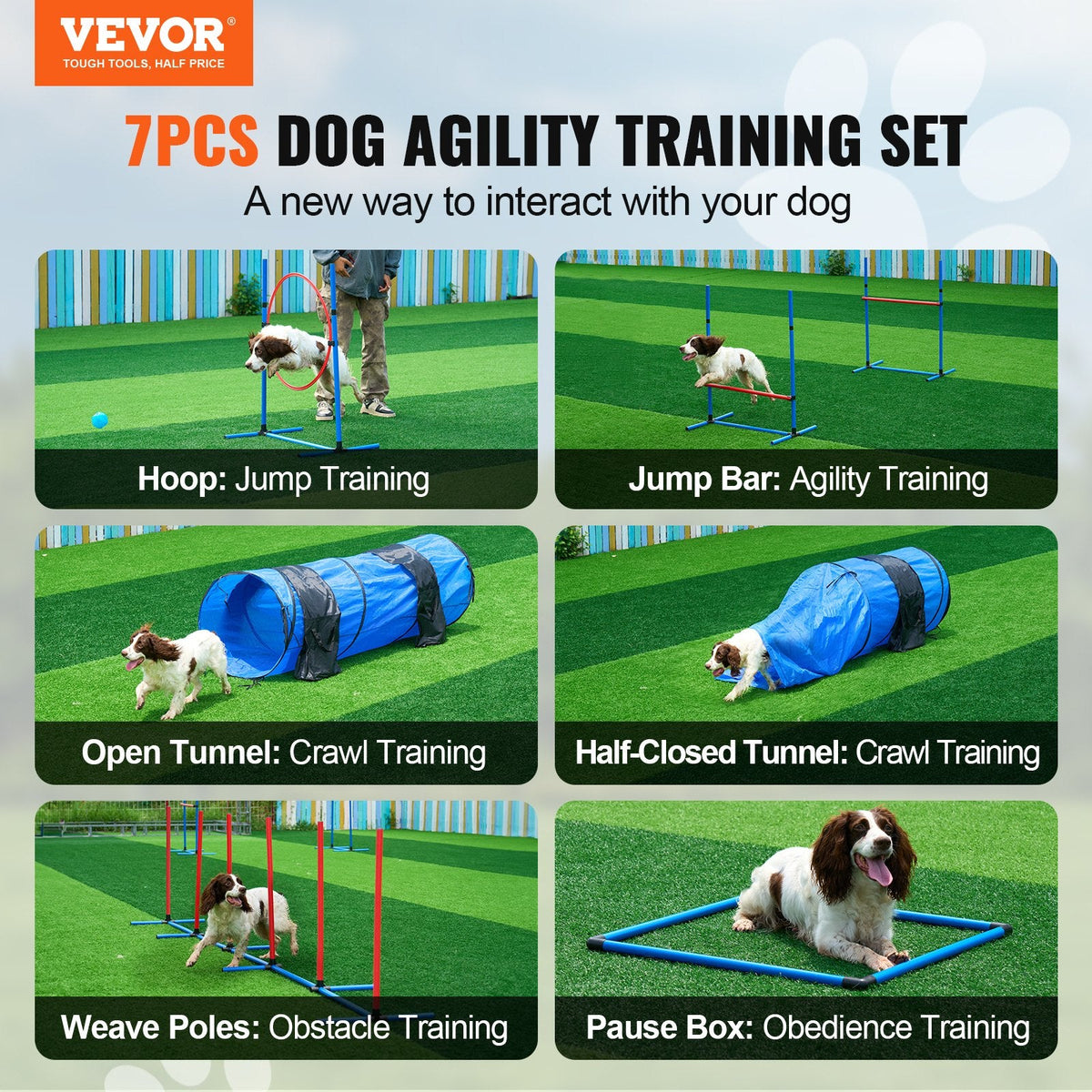 Dog Agility Training Equipment 7 PCS Set W/ Hurdles 2 Tunnels Jump Ring