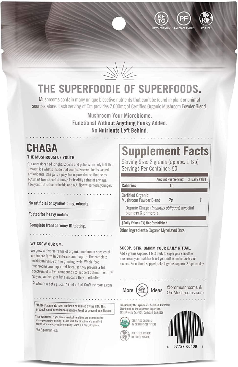Om Mushroom Superfood Chaga Organic Mushroom Powder, 3.5 Oz., 50 Servings