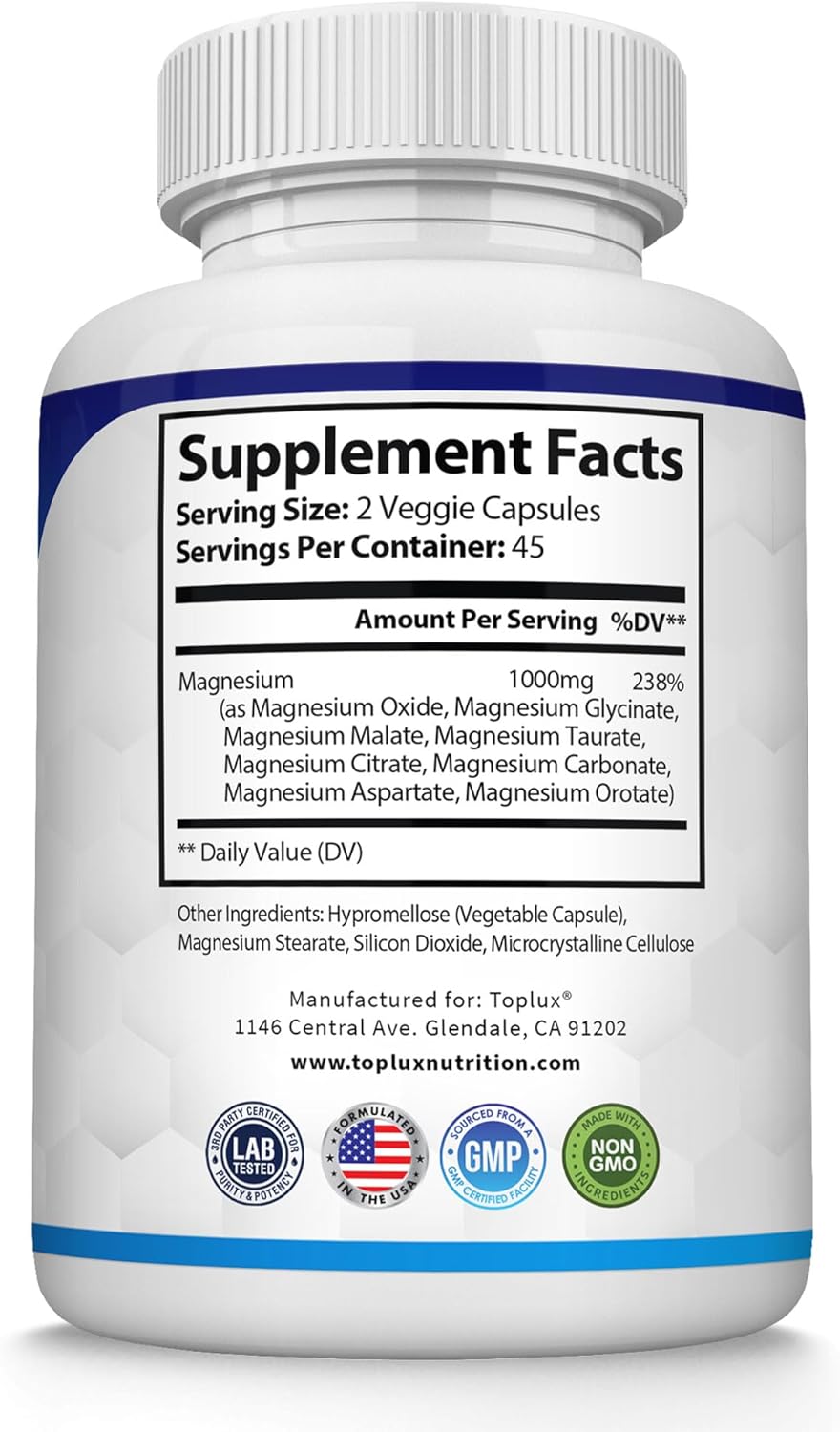 Magnesium Complex Supplement 8 Elemental 1000mg - Magnesium Glycinate, Citrate, Malate, Taurate, Chelated for Easy Absorption for Bones, Muscle, Recovery, Energy, Vegan Non-GMO 90 Capsules