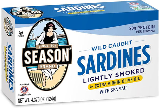 Season Brand - Lightly Smoked Sardines in EVOO, 4.375 oz (Case of 12) - Gluten-Free Kosher