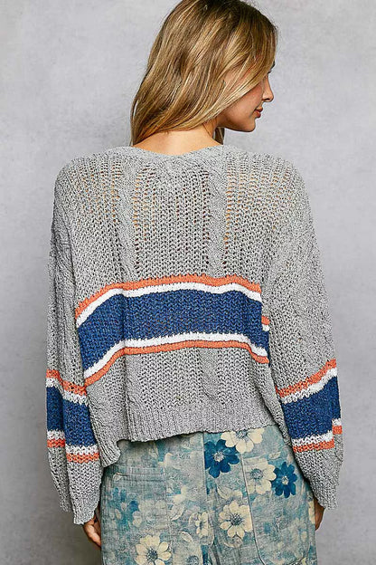 POL V-Neck Striped Pattern Cropped Knit Top with Cable Knit Detail