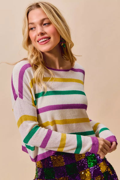 SO ME Mardi Gras Color Stripe Lightweight Sweater Top