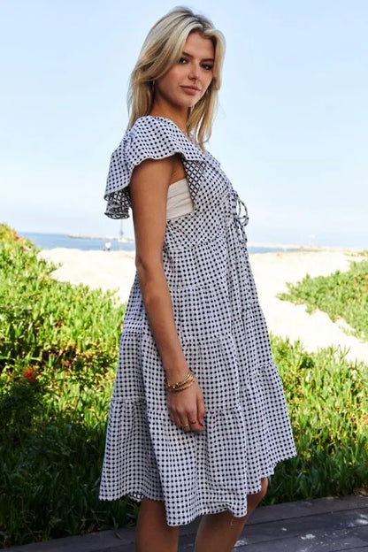Davi & Dani Jacquard V-Neck Flutter Cap Sleeve Tiered Dress