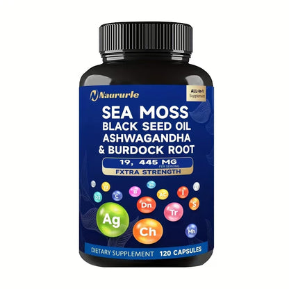 Sea Moss Black Seed Oil Ashwagandha & Burdock Root 19445mg Extra Strength Capsules - All-in-One Superfood Supplement For Immune Support, Energy & Vitality - 120 Capsules