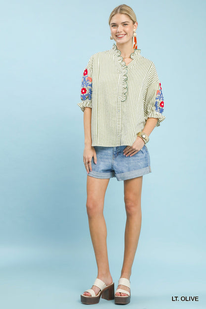 Umgee Embroidered Ruffle Trim Stripe Blouse