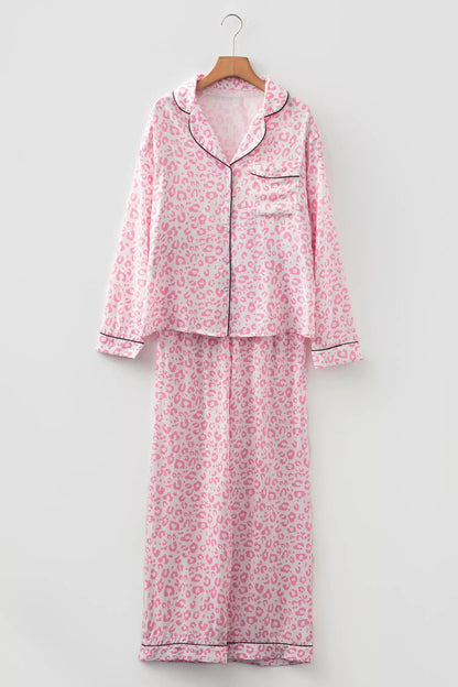 Leopard Print Button Up Top and Pants 2cps Pajama Set