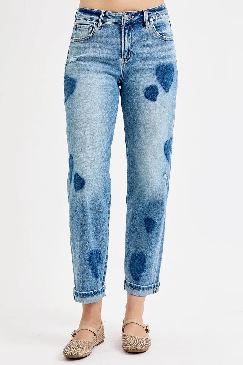 RISEN Full Size Mid Rise Fit-boyfriend Heart Shade Jeans Plus Size
