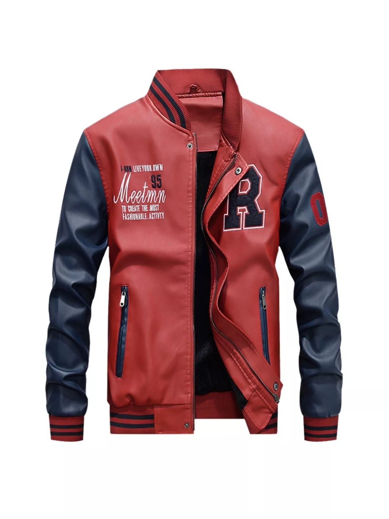 Men's Plus Size Color Block Zip Up Leather Jacket