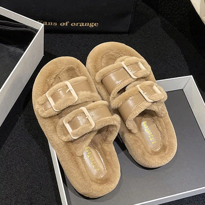 Fuzzy Buckle Detail Slippers