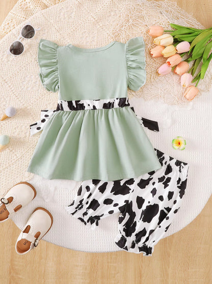 Children's Cow Print Ruffle Sleeve Top and Shorts Set