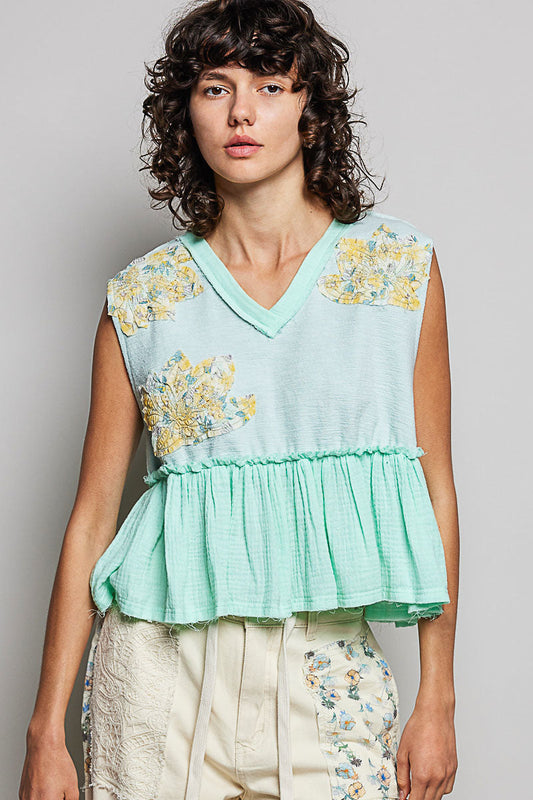 POL Floral Patch Ruffled Sleeveless Top with Raw Edge Detail
